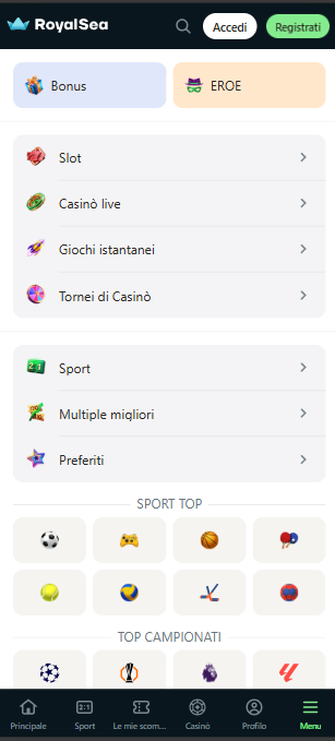 Main menu of royalsea mobile